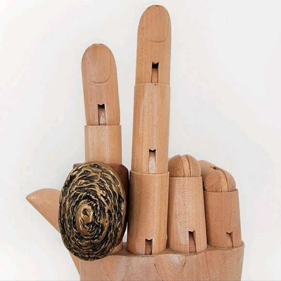 J.Fein Size 7 Boho Gilt Bronze Large High Profile Wooden Statement Ring - Picture 1 of 13